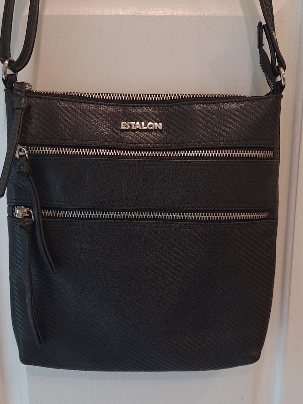 ESTALON Black Textured Oiled Waxed Leather Sleek Crossbody Bag for Women
